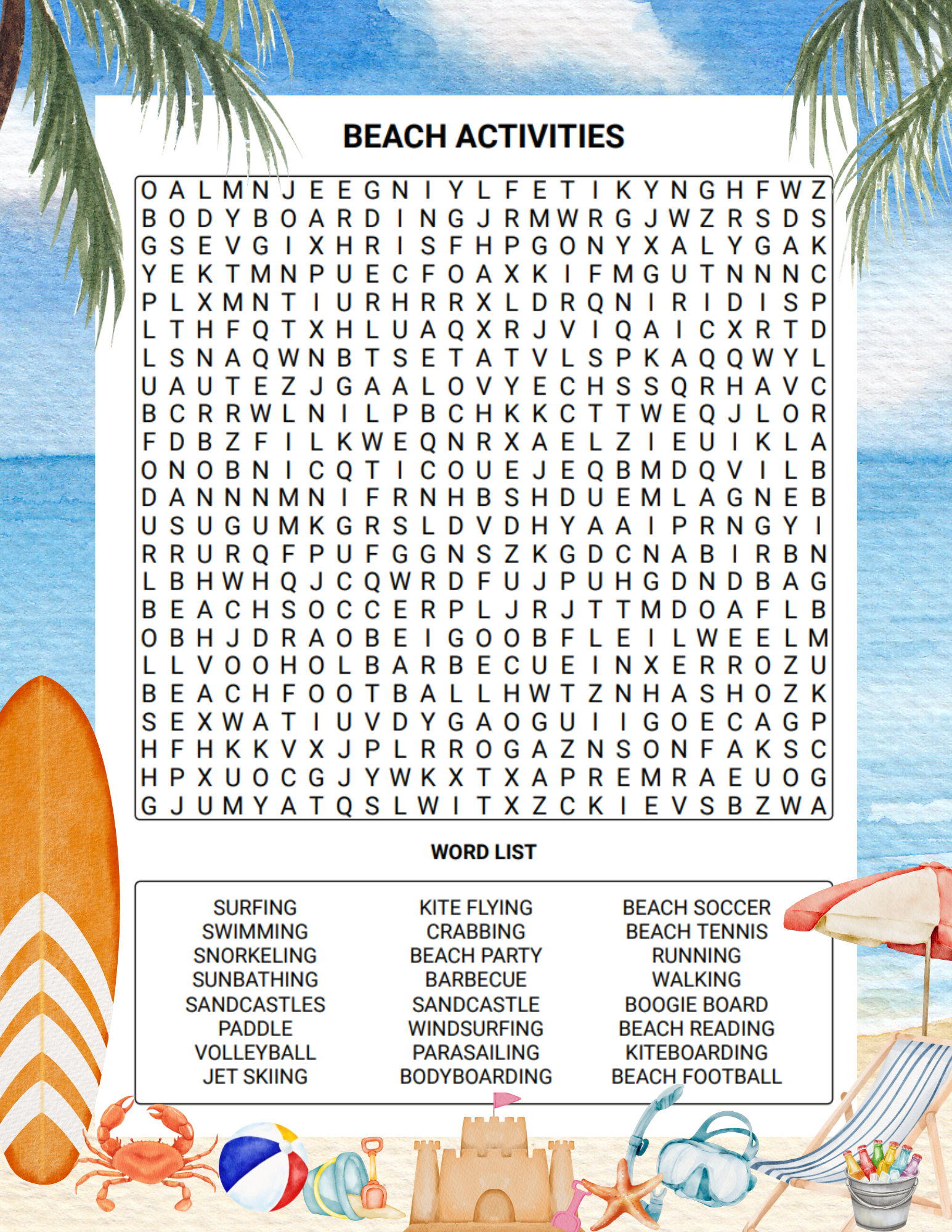 Beach Activities Word Search