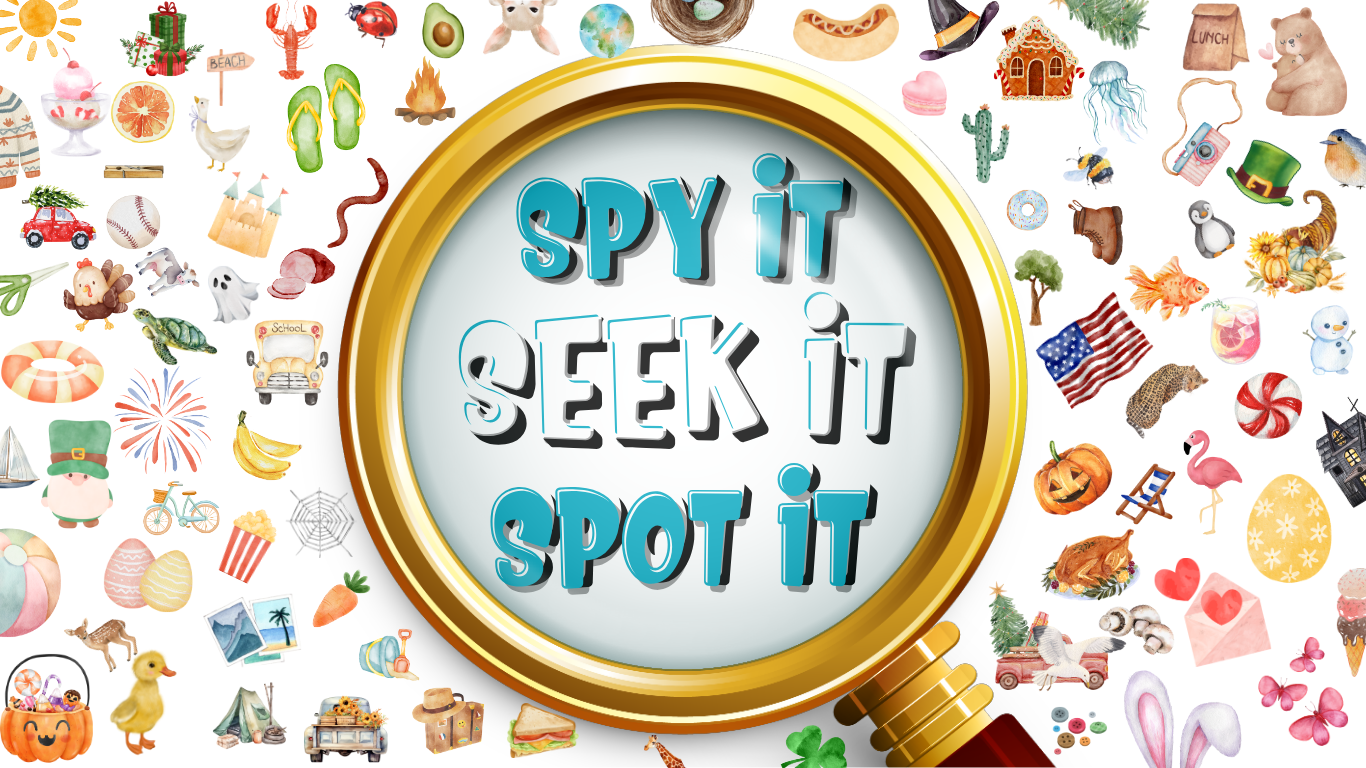 Spy It, Seek It, Spot It Logo with multiple items (food, animals, etc.) surrounding it.