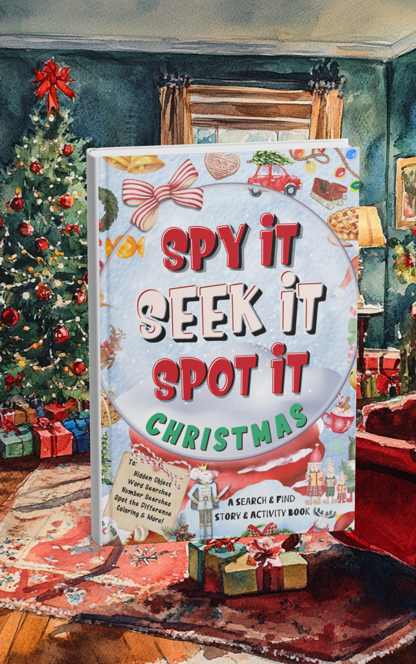 Spy It, Seek It, Spot It: Christmas book on a background of a living room decorated with a  Christmas tree and other decorations.